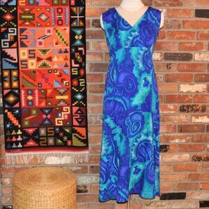 VTG 70s Bright Blue Dyed Hawaiian Empire Waist, Sleeveless MAXI Dress M-L